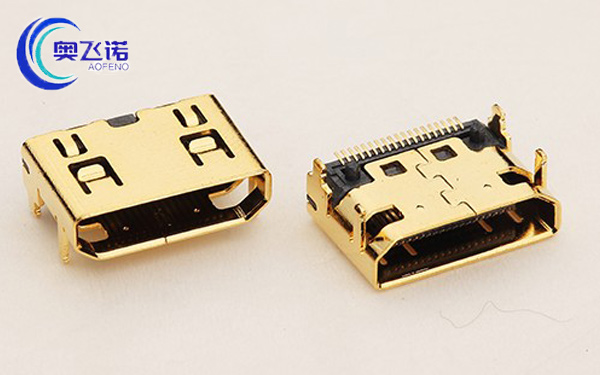 MINI HDMI A型19P母座 短体板上四脚插板+针SMT贴片 有柱 镀金外壳